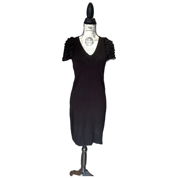 Eryn Brinie Black V-Neck Knit Knee Length Ruffle Puff Sleeve Sheath Dress Size M - Picture 1 of 10